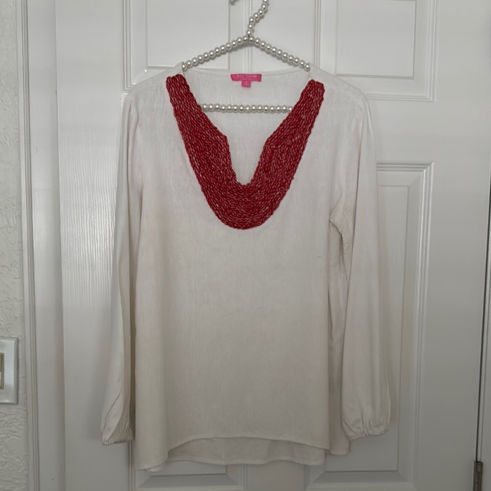 Elegant White Blouse with Red Accent